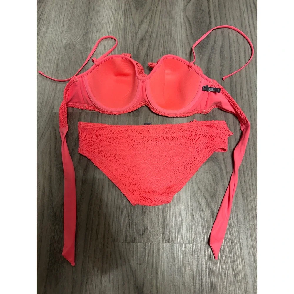 Aerie Womens Crochet Ruffle Bikini Set‎ 34D M Neon Pink Lace Underwire Swimsuit